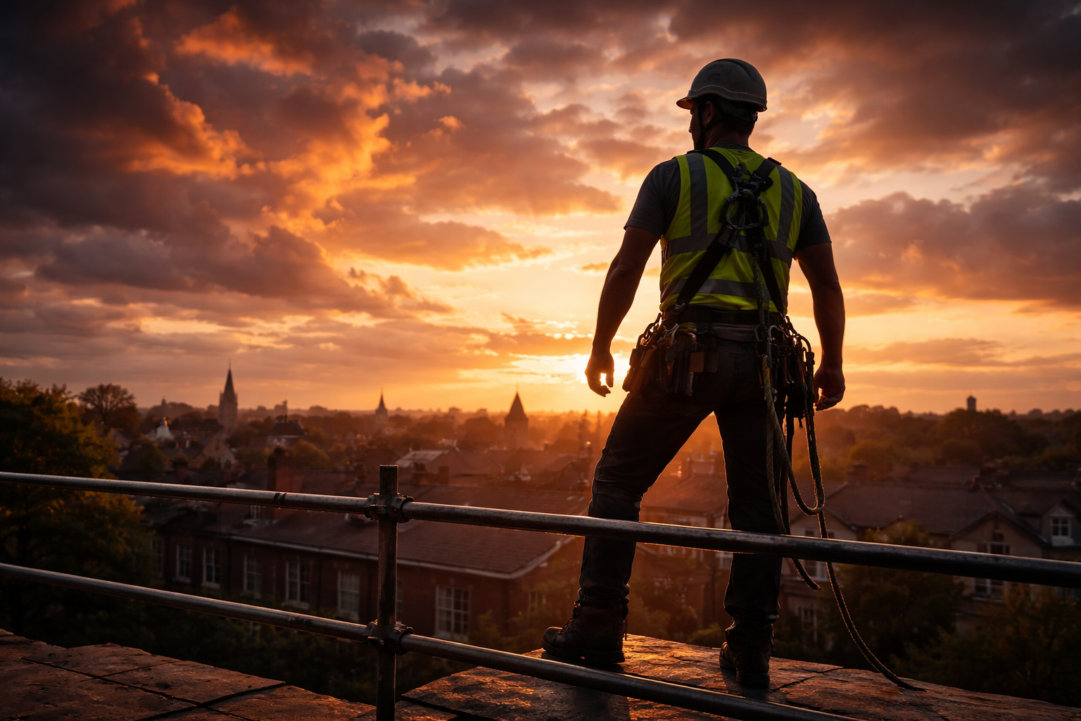 Professional Roofer at Sunset